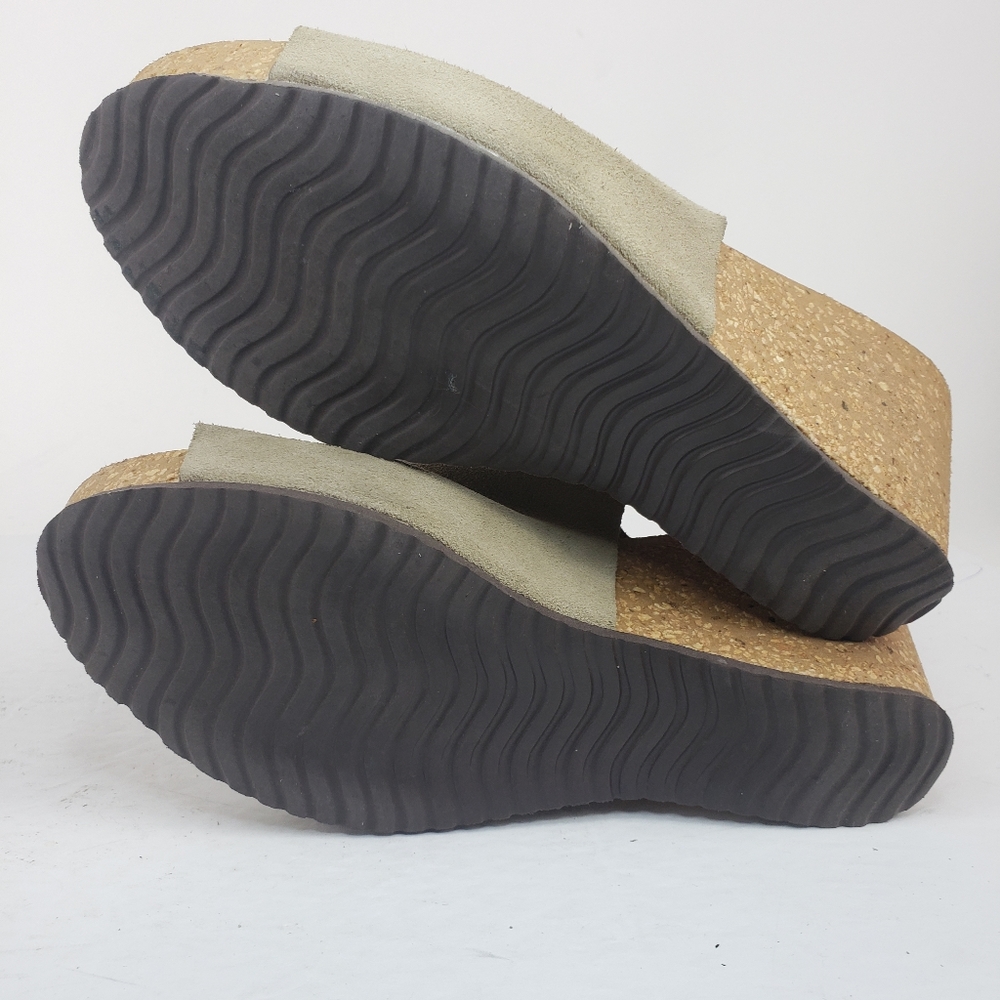 Bio-Gold Wedge Sandals Taupe Leather Ankle Strap Peep Toe - Picture 9 of 11